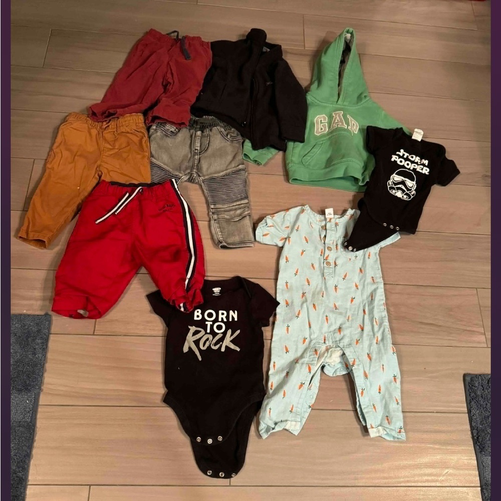 9pc bundle lot 6-12m 4pants 3onesies 1hoodie 1jacket no stains or wear